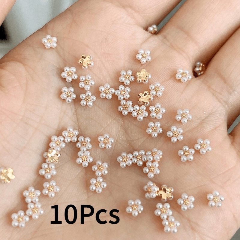 Set Of 10 5-petal Nail Art Embellishments, Luxurious 3d Pearl Nail Decorations