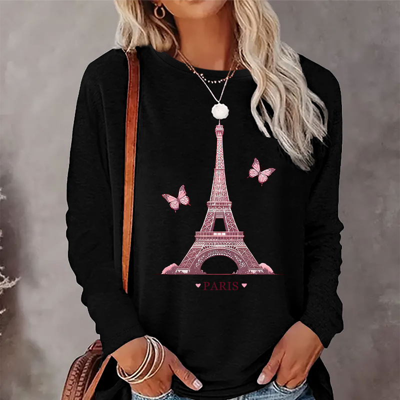 

Paris Print T-shirt, Long Sleeve Crew Neck Casual Top For Spring & Fall, Women's Clothing