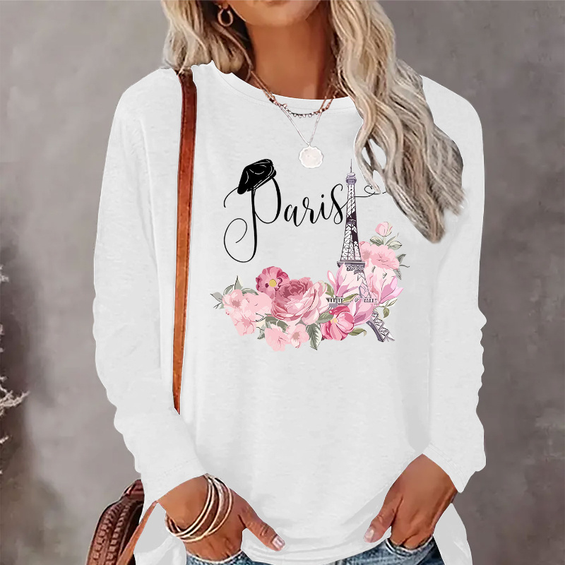 

Women's Casual Crew Neck Long Sleeve Floral Paris Print T-shirt, Knit Polyester Fabric, Regular Length – All Season Comfort