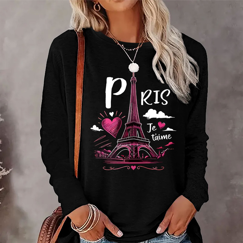 

Women's Casual Crew Neck Long Sleeve T-shirts With Paris Eiffel Tower Print, 100% Polyester Knit Fabric, All-season Relaxed Fit Tops With Architectural Pattern - "je T'" Heart Design