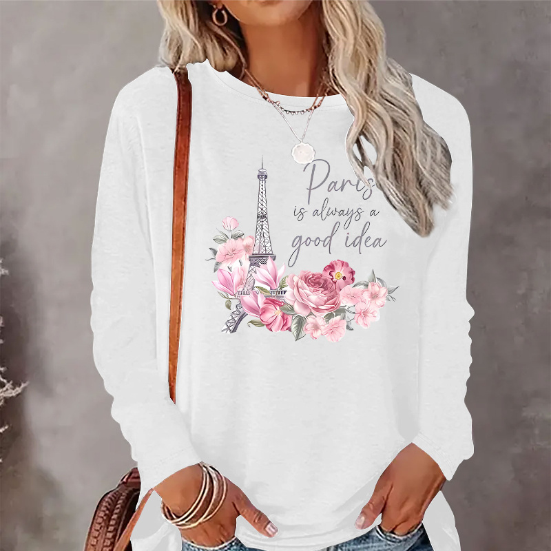 

Women's Casual Floral Print T-shirt - Long Sleeve, Crew Neck, Soft Polyester, Machine Washable - All