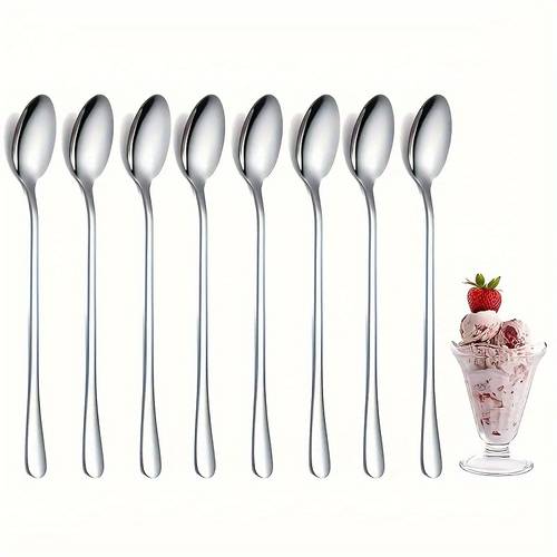 8pcs stainless steel spoon set extra long and durable handles for easy ideal for stirring and iced tea coffee and ice cream complete kitchen essentials for multiple uses