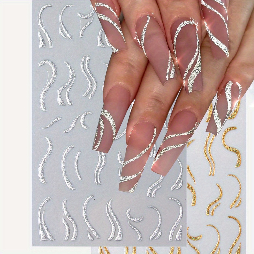 Image of 2sheets Golden Silvery Glitter Stripe Nail Art Sticker, French 3d Nail Decals Stripe Swirl Line Nail Art Supplies Nail Stickers