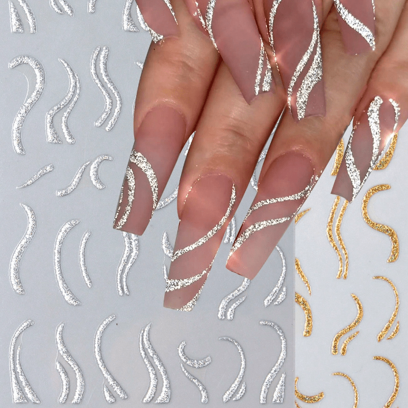 

2sheets Golden Silvery Glitter Nail Art Sticker, French 3d Nail Decals Swirl Line Nail Art Supplies Nail Stickers