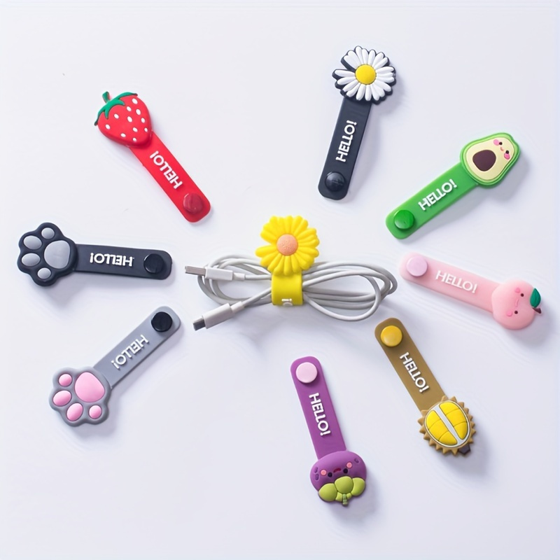 E-shop 10 Stück wiederverwendbare Silikon-Kabelbinder - Niedliche Tier- & Fruchtformen mit Pfotenabdrücken, , Sonnenblumen & mehr - Bunte