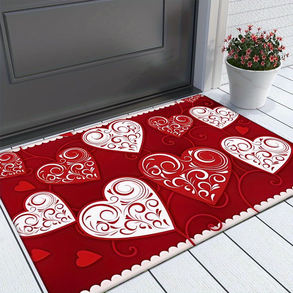

Elegant Red Heart Pattern Doormat, Machine Washable, Comfortable Polyester, Ideal For Bedroom Porch Indoor Use - 1 Piece