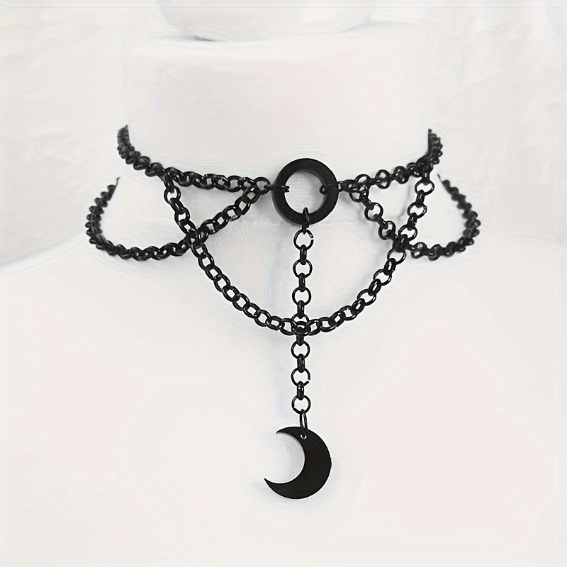 

1pc Gothic Black Crescent Pendant Necklace, Retro Style Men's Chain Jewelry