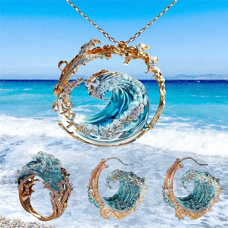 

2024 Oath Women's Jewelry, Fashion Bohemian Blue Ocean Wave Necklace/ Earrings/ Rings Hot