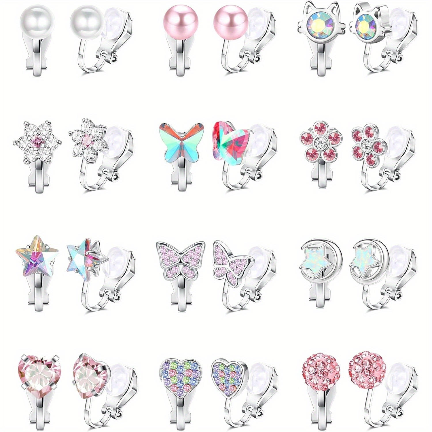 Image of 12pairs Clip On Earrings Hypoallergenic Flower Clip Earrings Multicolored Clip-on Stud Non Pierced Earrings Set