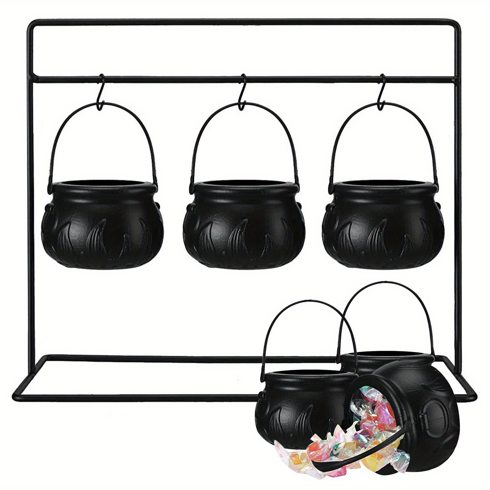 

Halloween Decorations - Halloween Party Decorations - Set Of 3 Cauldrons Serving Bowls On Shelf - Black Plastic Cauldrons For Indoor Outdoor Home Kitchen Decoration