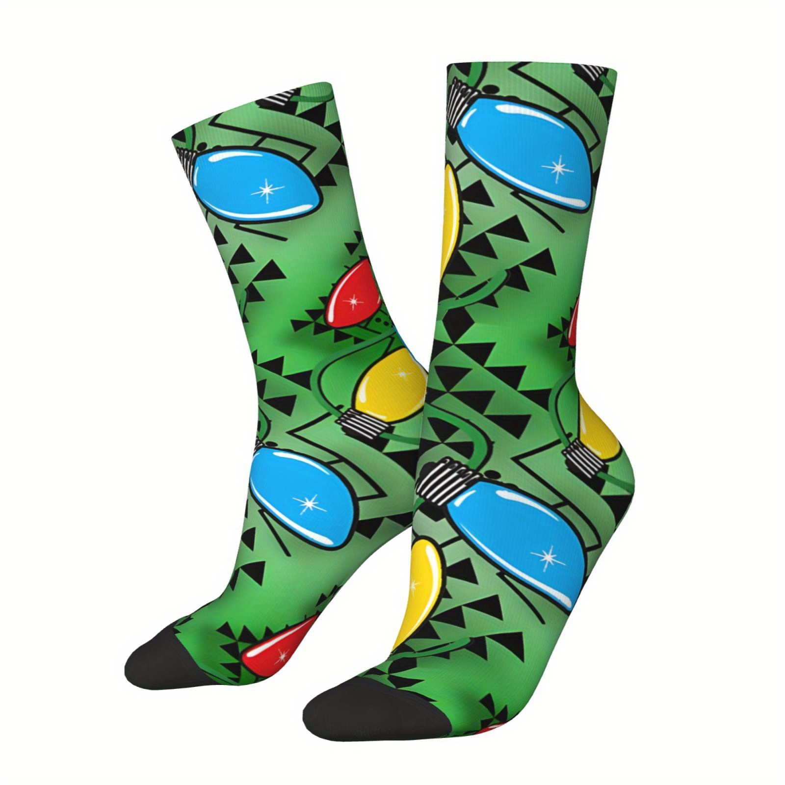 

Men's Hip Hop Retro Green Christmas Lights Print Socks, Seamless, Fun Novelty Crew Socks For Gifts