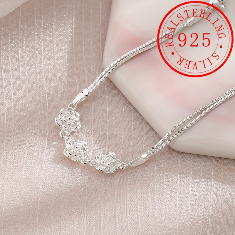 

1pc S925 Sterling Silver 3d Rose Charm Bracelet Hand Jewelry For Women And Bracelet 3.87g/0.13oz