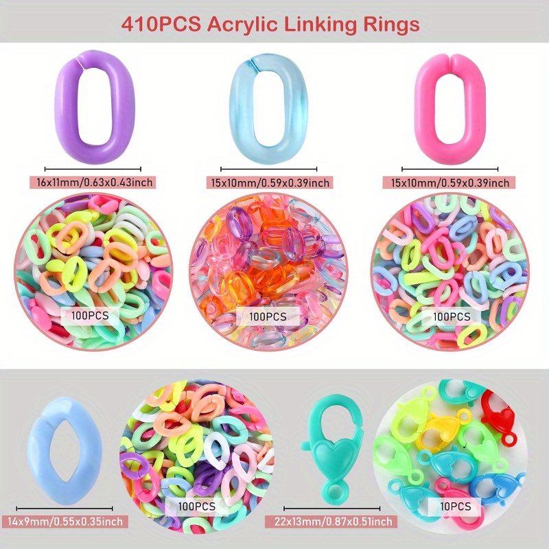 Image of 410pcs Acrylic Linking Rings, Link Connectors, Assorted Color Open Link Rings, With Plastic Clasps, Jewelry Making, Purse Eyeglass Jean Pocket Chain Lanyard