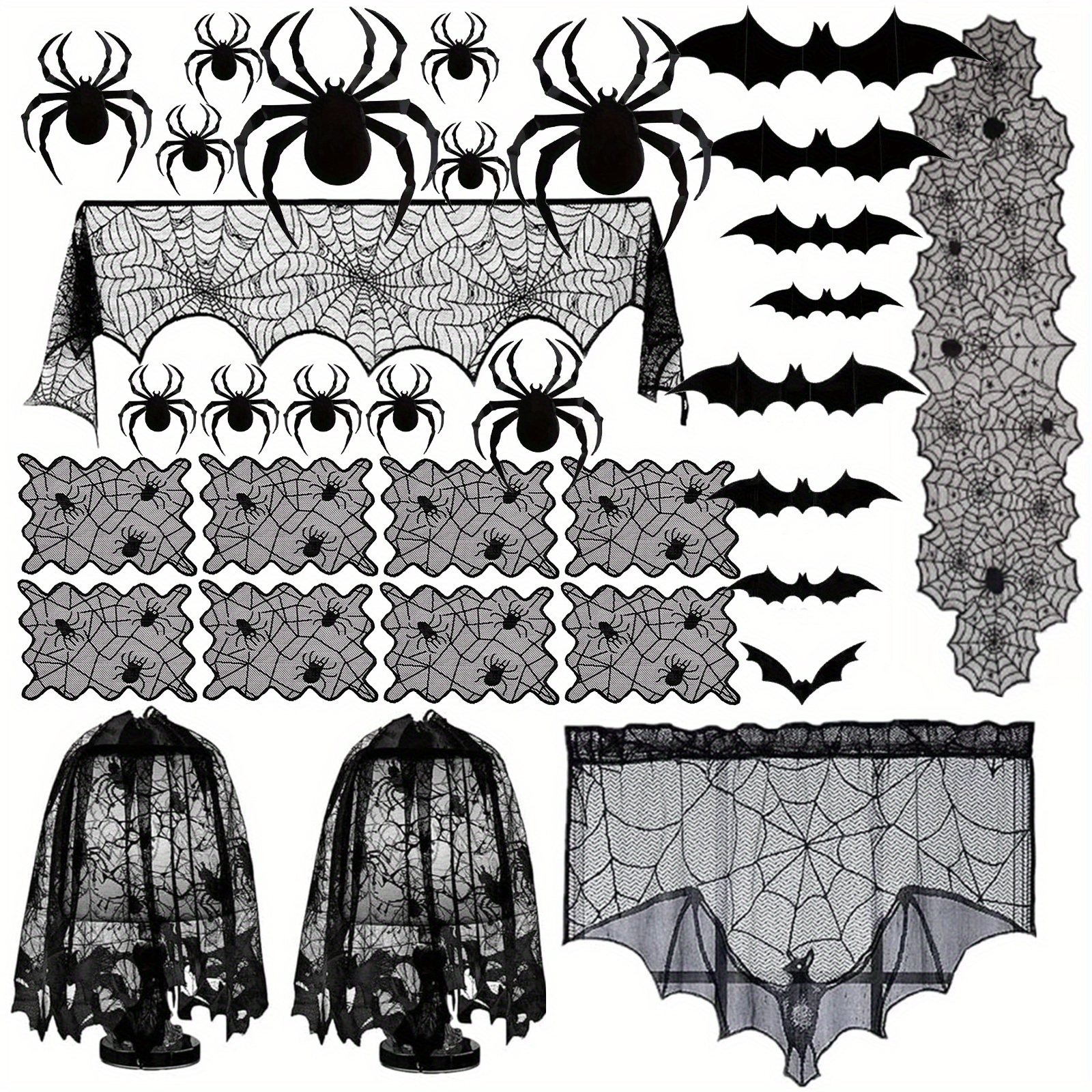 

Halloween Decorations Tablecloth Table Fireplace Spider 8pcs Placemat + Curtain + 12pcs Bat + 12pcs Spider For Halloween