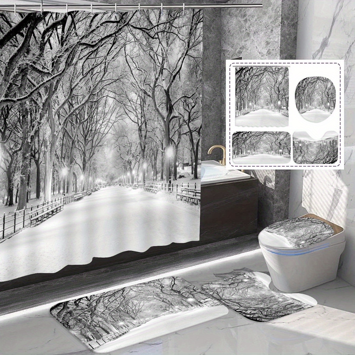 

1/4pcs Winter Snow Scene Curtain Set, Christmas Decoration, Bath Mat Carpet, Shape Mat Toilet Cover, Waterproof Shower Curtain, 71x71 Inches, Bathroom Home Decoration