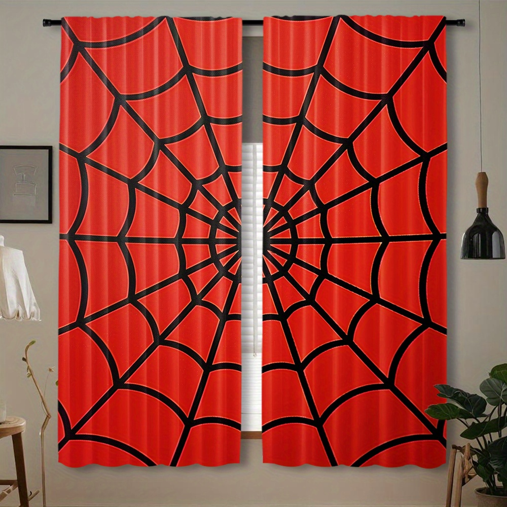 

2pcs Set Spider Web & Red Curtains - Rod , Polyester Drapes For , , , And -