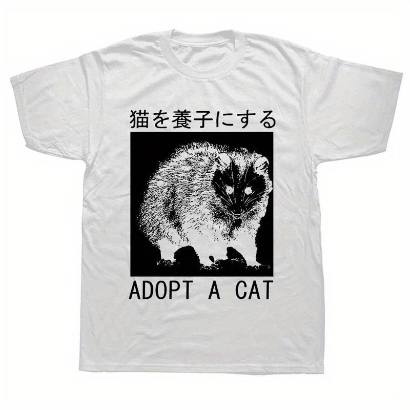 

Adopt A Cat Opossum Japanese T Shirts Graphic Cotton Streetwear Short Sleeve Birthday Gifts Summer Style T-shirt Mens Clothing