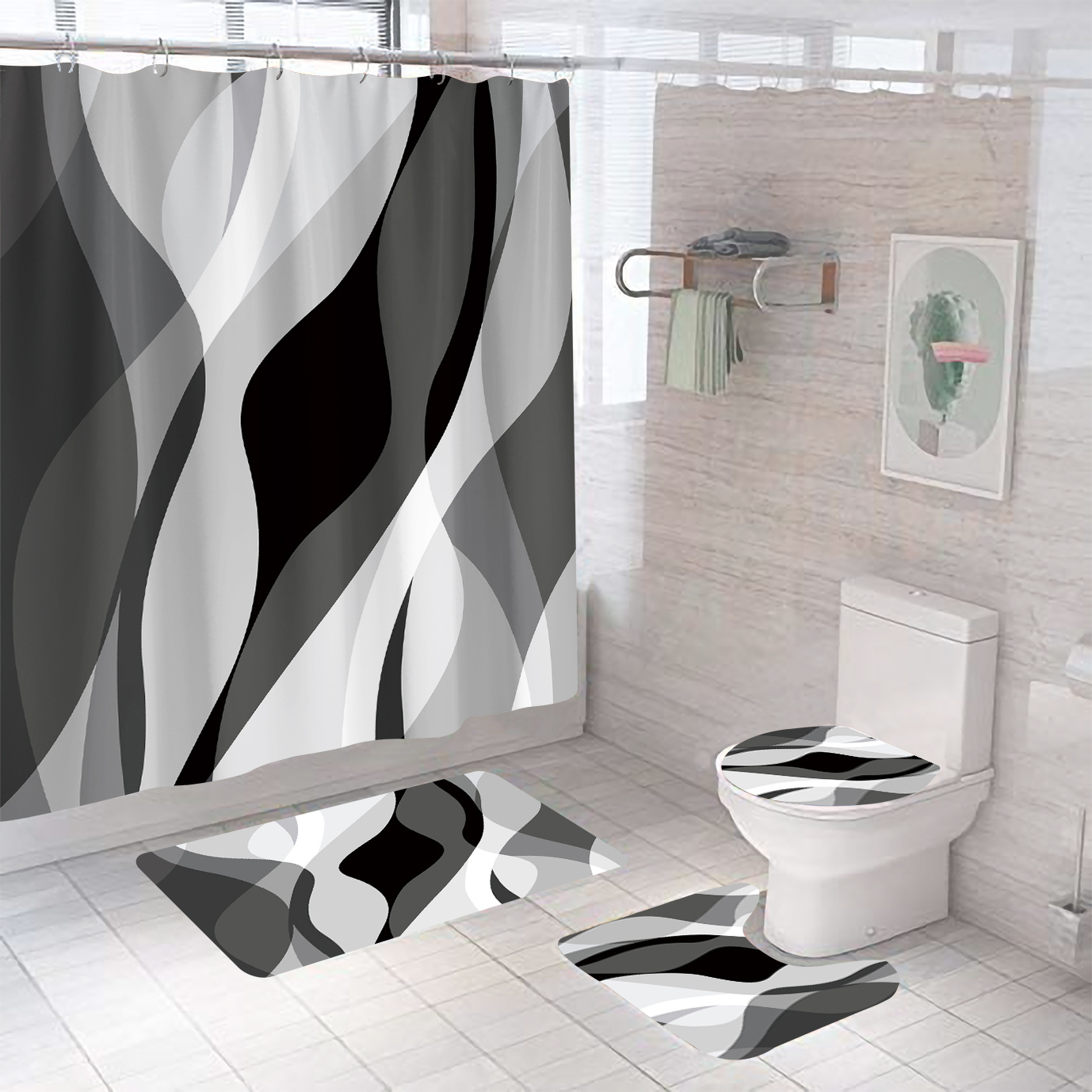 

Black, White, And Gray Striped Bathroom Set: Includes 180x180cm Shower Curtain, 75x29.5cm Bath Mat, 45x17.7cm U-shaped Pads, And 12 Hooks - Perfect For Artistic Home Decor