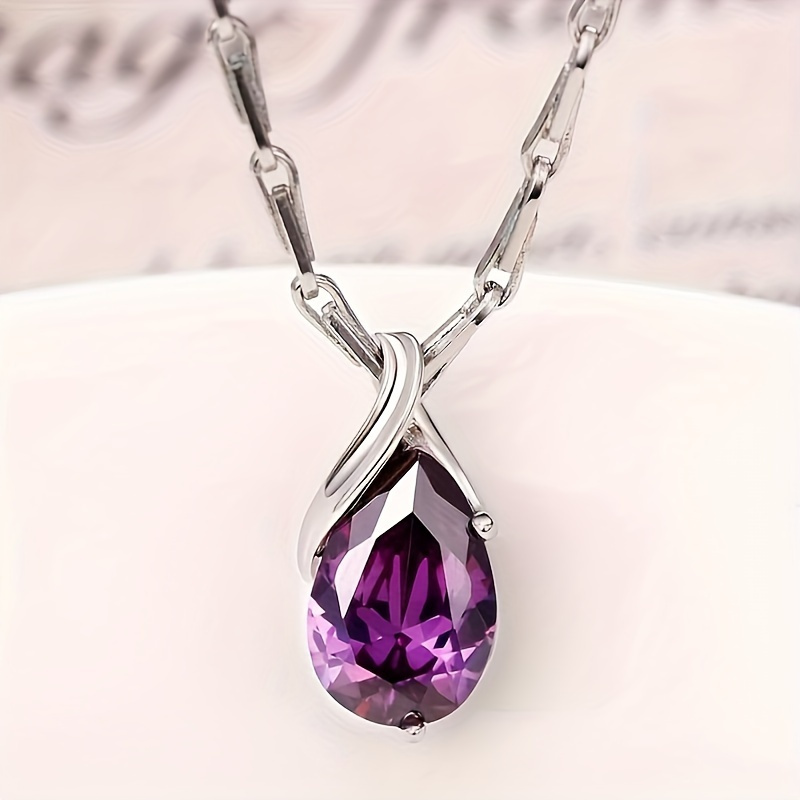 TEMU Bride Engagement Wedding Pendant Necklace For Women Teardrop Shape Purple Synthetic Gemstone Necklace Anniversary Gift