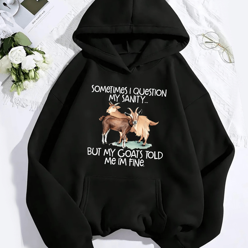 

Women's Casual Goat & Letter Print Hoodie With Kangaroo Pocket - Cozy Polyester Knit, Machine Washable - Fall/winter