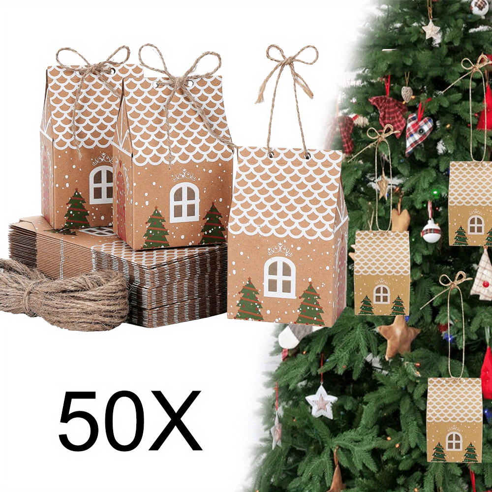 

50pcs Christmas Kraft Paper Gift Boxes With Hemp Ties - Holiday Party Favors & Decorations, Sustainable Candy Packaging