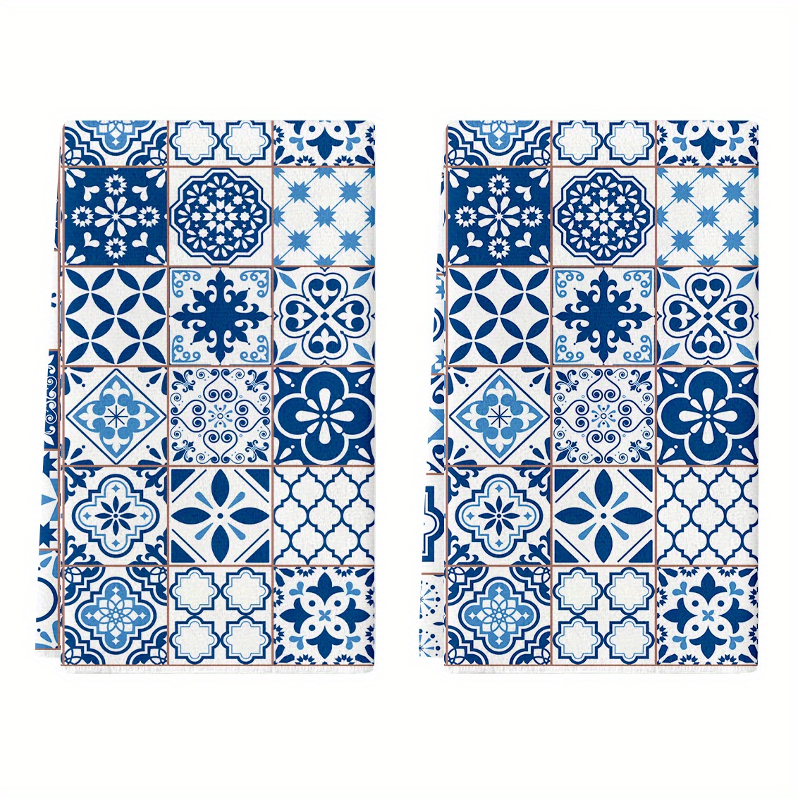 TEMU 2pcs Blue Bohemian Kitchen Towels - Vintage Floral & Geometric Pattern Dish Towels, Absorbent Polyester Hand Towels For Farmhouse Decor,