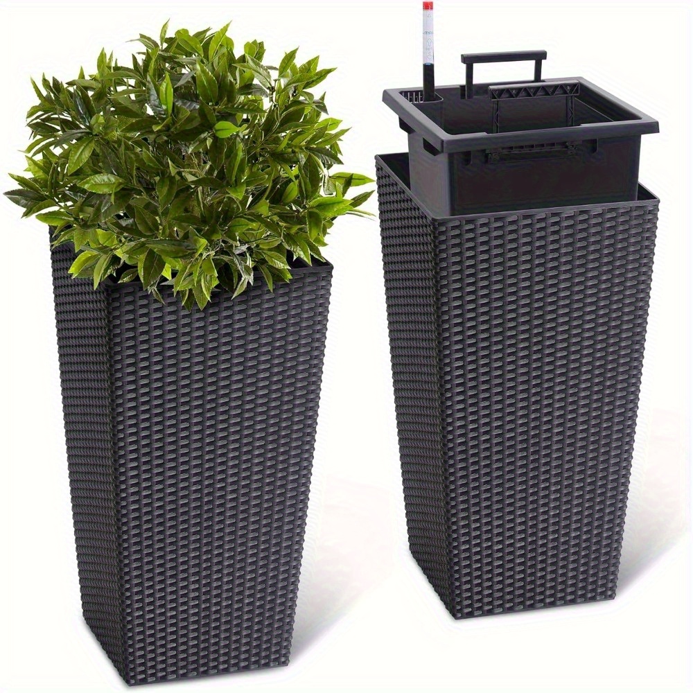 

23" Tall Planter - Planter For Indoor And Outdoor - Modern Black Rattan Plant Pot For Front Porch Patio - Self-watering, Drain Holes, Water Level Monitor