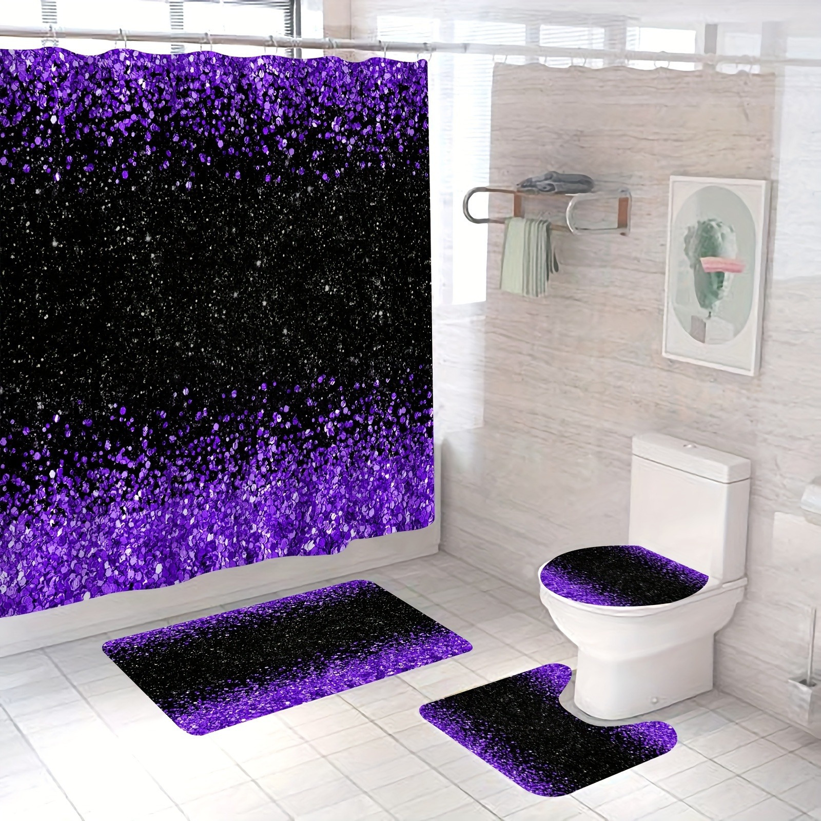 

1/ 4pcs Purple Diamond Shower Curtain Set - Water Repellent, Anti-slip Rug & Toilet Mats - Elegant Aesthetic Decor For Bathroom - Complete Accessories With Rust-resistant Hooks