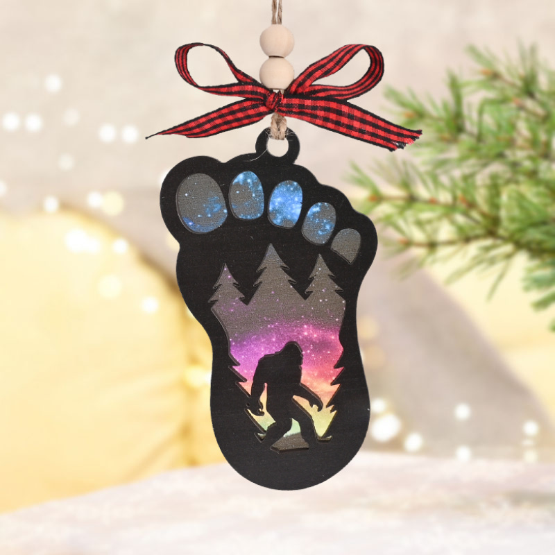 

1pc Aurora Borealis Wooden Acrylic Sasquatch Footprint Christmas Tree Ornament - Dual Layered Hanging Decoration For Home, Garden, And Festive Party Supplies Without Electricity