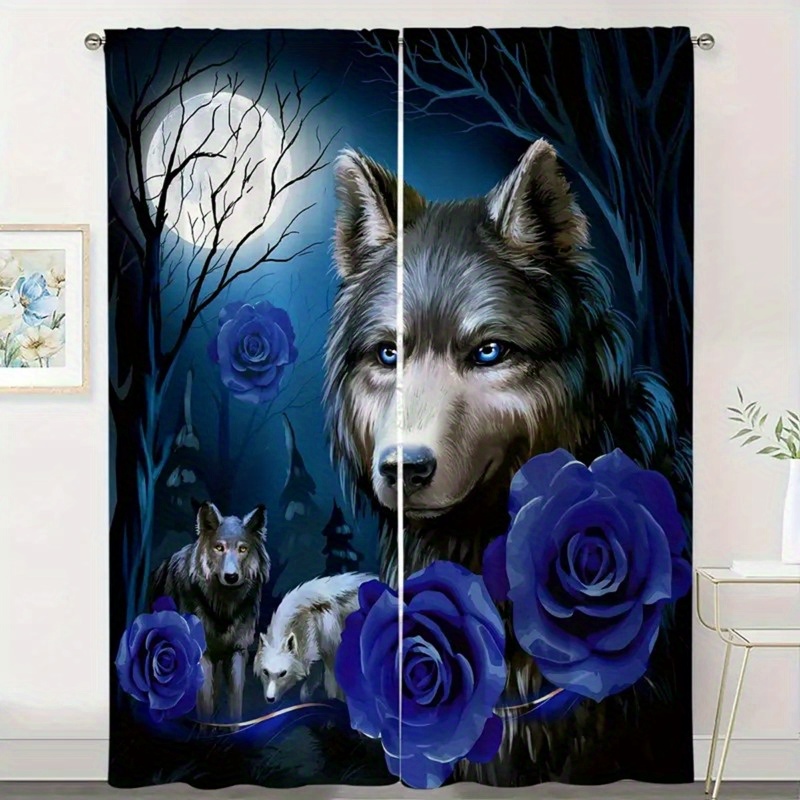 

Elegant 2pcs & Wolf Pattern Curtain Set - Rod For Easy Hanging, Living Room, Bedroom, Kitchen & More - Machine Washable Polyester Home Decor