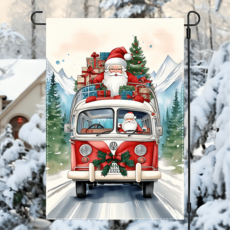 

1pc "" Linen Garden Flag, With Santa Claus And For Volkswagen Bus, Printed On , Without Flag Racks Double Sided Waterproof Burlap Flag12x18inch