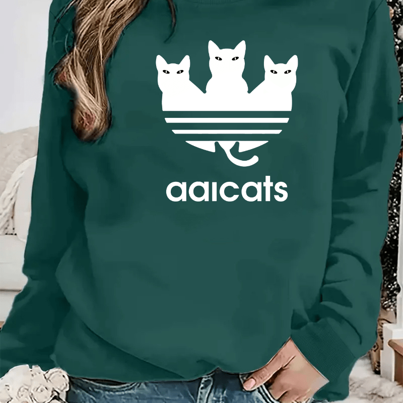 

Sweatshirt décontracté à col rond pour femmes avec imprimé de trois chats mignons - Tissu tricoté en polyester 100%, légère élasticité, manches longues pour toutes les saisons