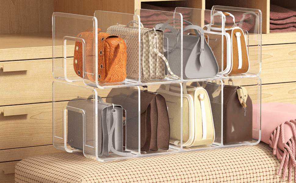 versatile 4 section clear acrylic organizer for purses handbags more   closet divider for bags files books utility hooks details 0