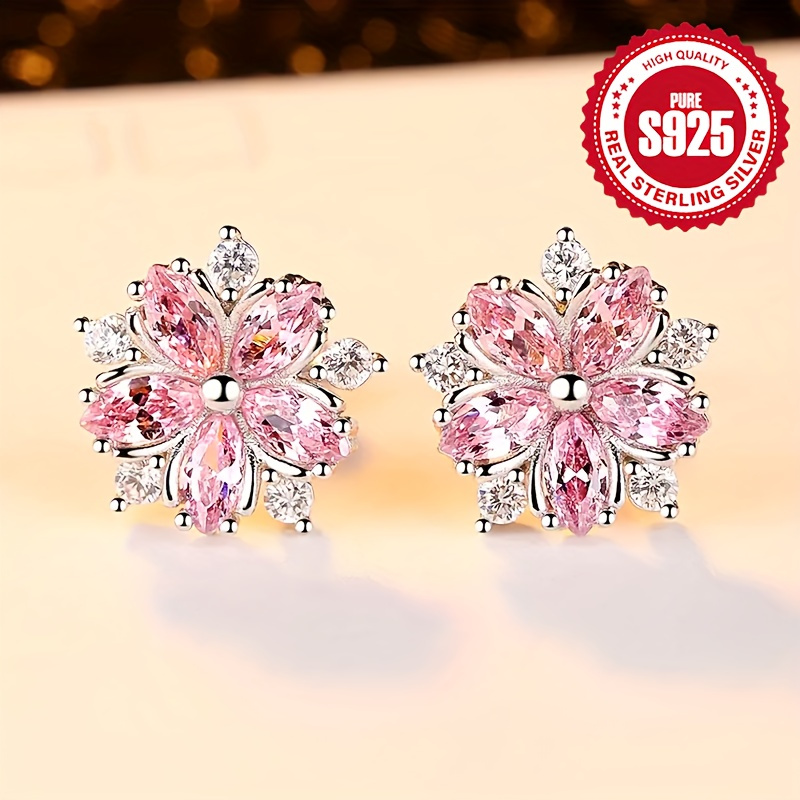 

Exquisite Pink Sakura Shaped Stud Earrings 925 Sterling Silver Hypoallergenic Jewelry Zirconia Inlaid For Women Dating Earrings