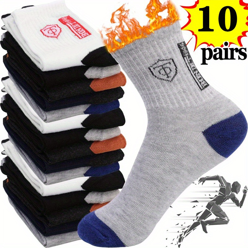 

10 Pairs Men's Athletic Socks - Knit Polyester Fabric, Machine Washable, Breathable, Sweat-absorbing, Deodorizing, Temperature 36°c, Alphabet Pattern Fitness & Business Crew Socks