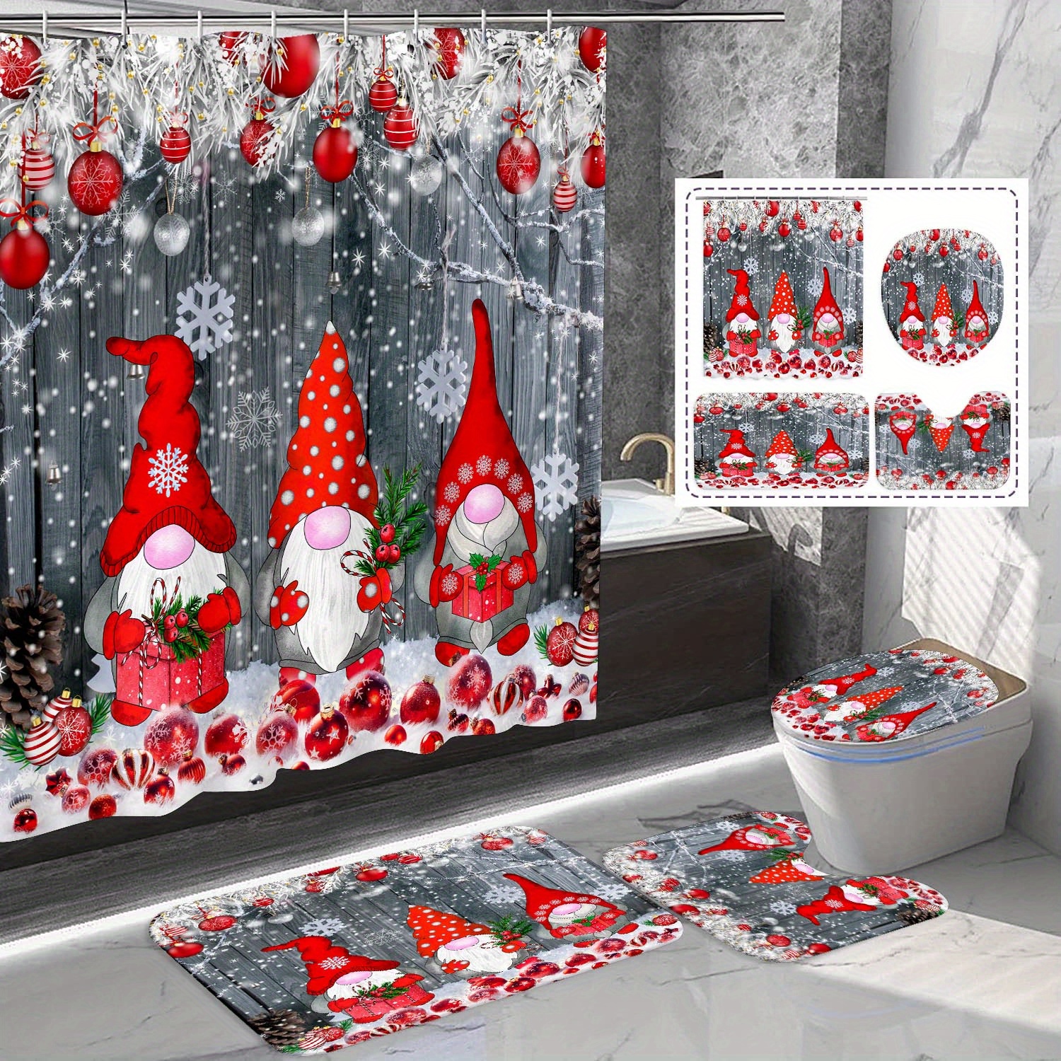 

Festive Christmas Gnome Bathroom Set: 71x71in/180x180cm, Artistic Woodland Snowflake Design, Bath Mat, Rug, And Toilet Cover, Waterproof Curtain With Hooks, Machine Washable