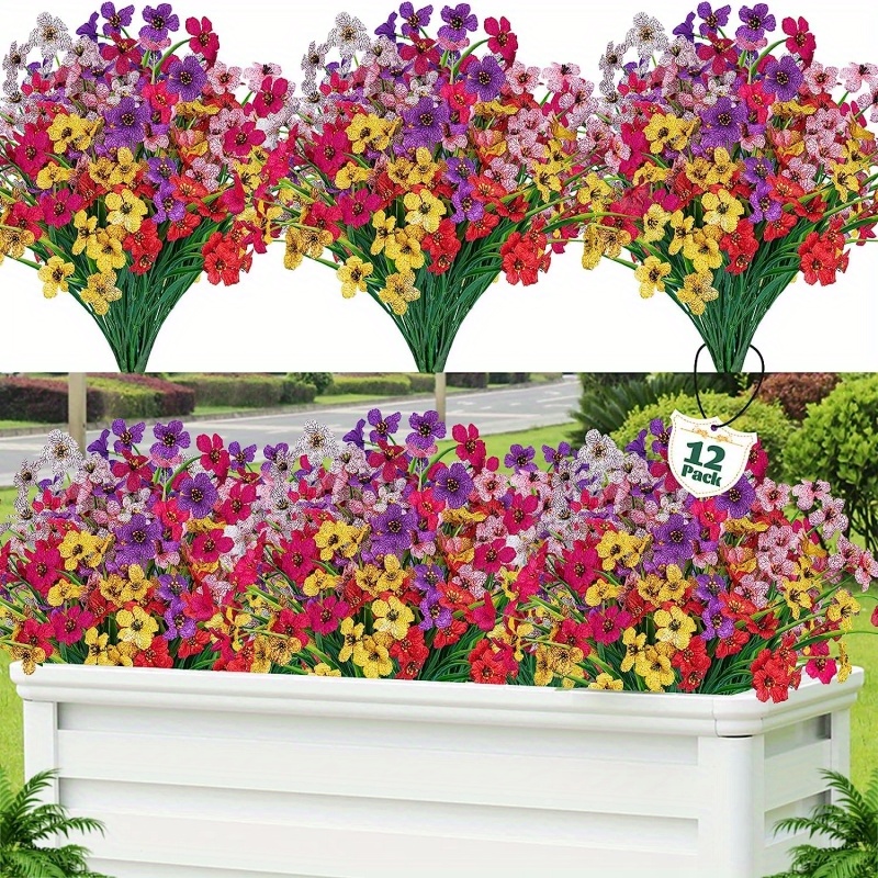 

12-pack Uv Resistant Artificial Flowers Set - Plastic Plants For Indoor/outdoor Decoration, Anniversary Floral Arrangements, Garden, Home, Wedding Decor Without Electricity Or Battery -