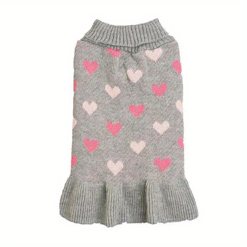 

Chic Dual-tone Heart Pattern Dog Sweater Dress With Hem - Cozy Knit Pullover For Small To Medium Breeds, Machine Washable - Fall & Winter