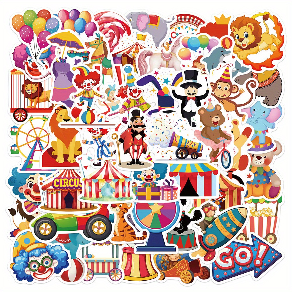 

50pcs Fun Circus Stickers, Reusable Waterproof Pvc Decals, Carnival Theme For Laptops, Suitcases, Guitars, Cars, And Computers