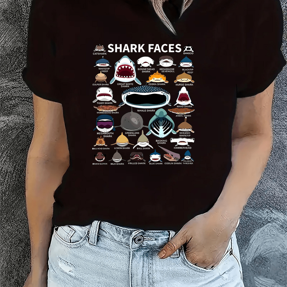 

Women's Casual Crew Neck T-shirt With Shark Faces Print, Polyester Knit Fabric With Medium Stretch, Animal Pattern Short Sleeve Tee For Everyday Wear