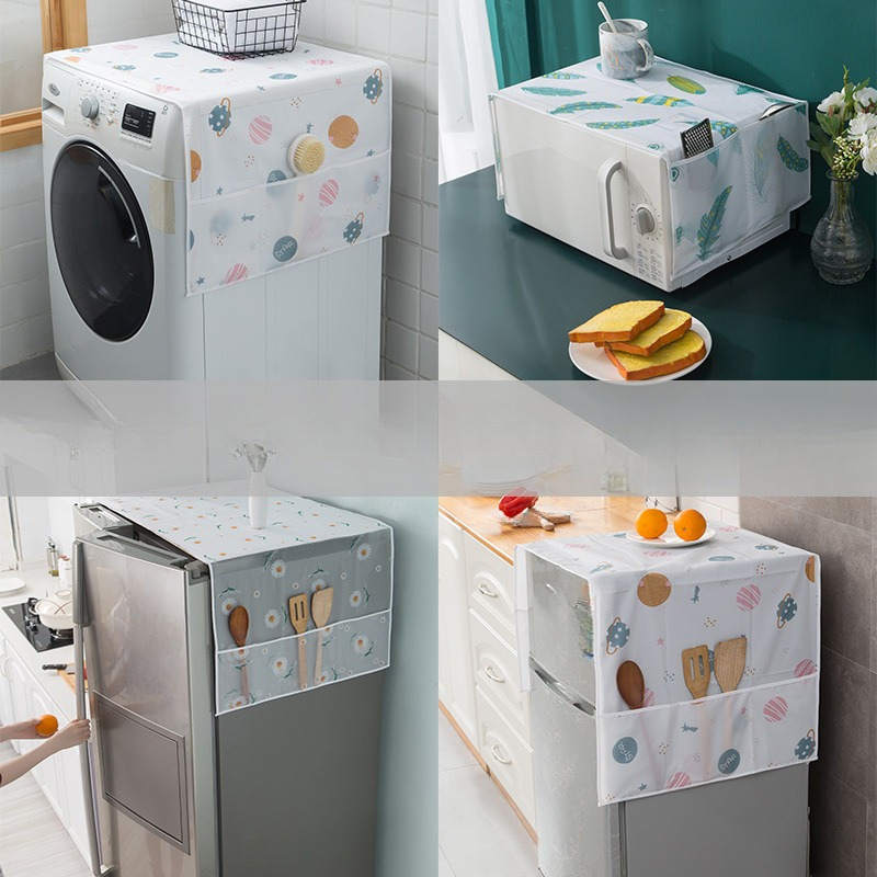 2 pack kitchen appliance dust covers multi use refrigerator top storage bag washing machine decorative cloth with pockets dust proof protector for single double door fridge oven assorted patterns details 1
