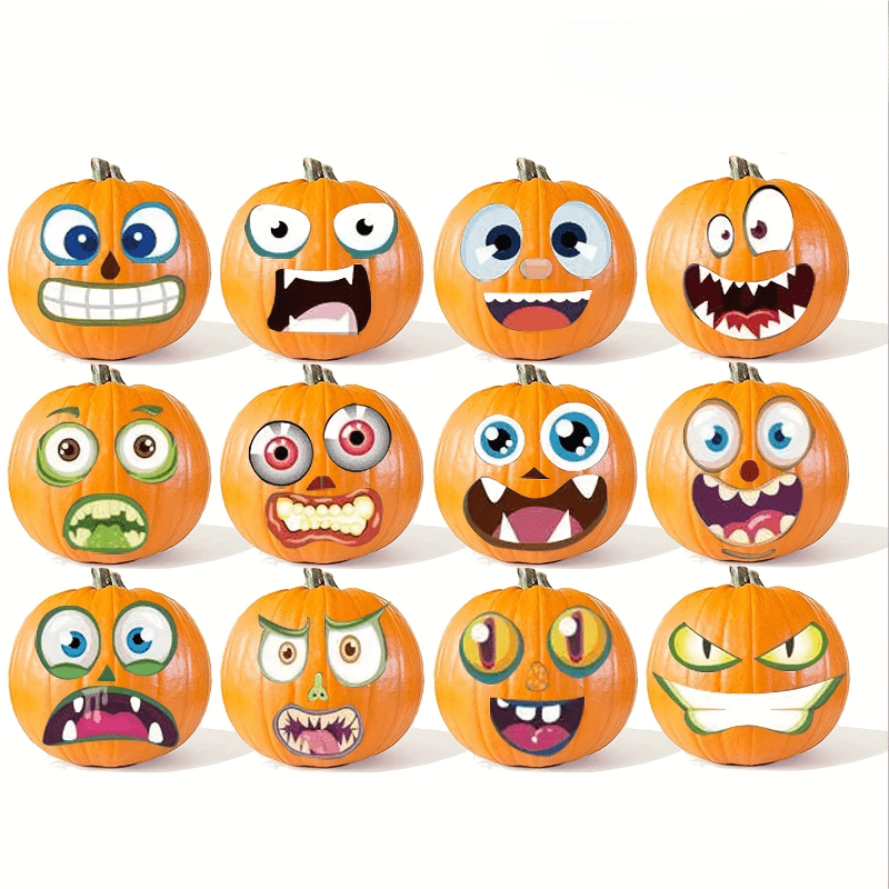 

12-pack Halloween Pumpkin Decorating Sticker Kits, No-electricity Needed, Featherless, Assorted Face Decals O'lanterns, Halloween Party Favors And Decorations