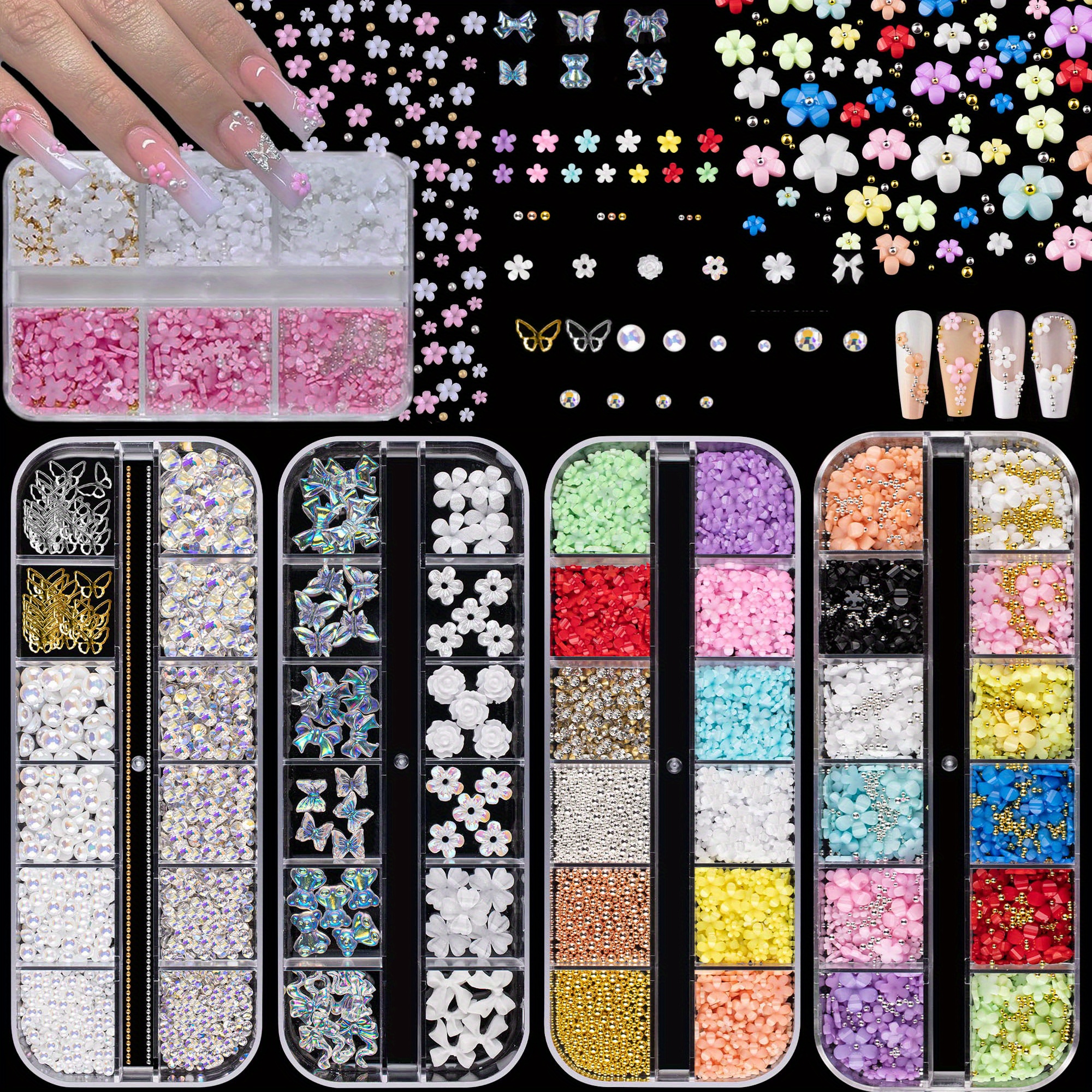 

Mixed 3d Nail Art Gem 3d Flower Nail Charms - , Golden And Silvery Beads, Pearls Kit Aurora Bear Bow Starry Ab Charm Jewelry For Deco, Bead Stone Crystal With Dual-end Brush And