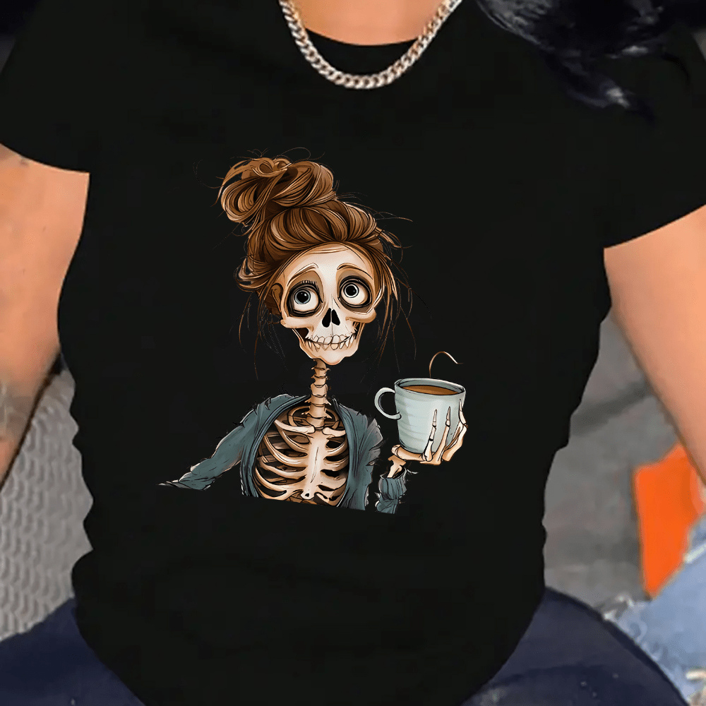 

Women's Casual Skull Coffee Graphic Tee - Crew Neck, Short Sleeve, Stretchy Polyester Blend, Machine Washable - Perfect For Leisure & Travel