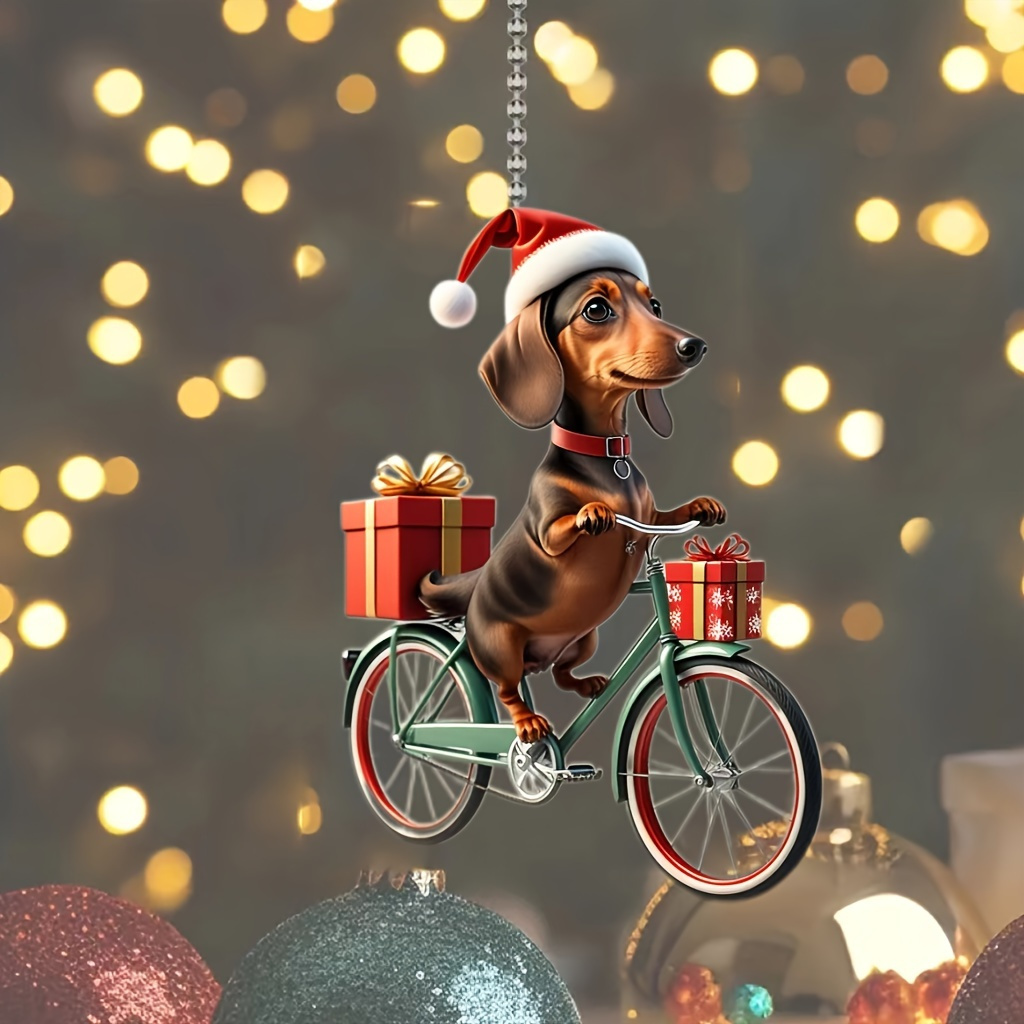 

1pcs Christmas Cycling Dog Acrylic Hanging Ornament - Festive Vintage Bike With Gifts Car & Bag Keychain Decoration