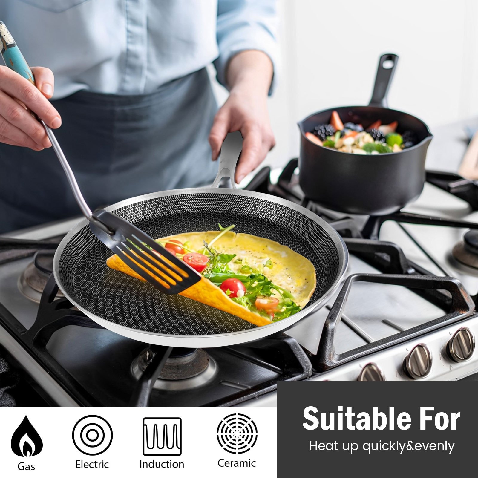 stainless steel honeycomb crepe pan nonstick induction compatible suitable for gas stoves ergonomic handle dishwasher safe details 1