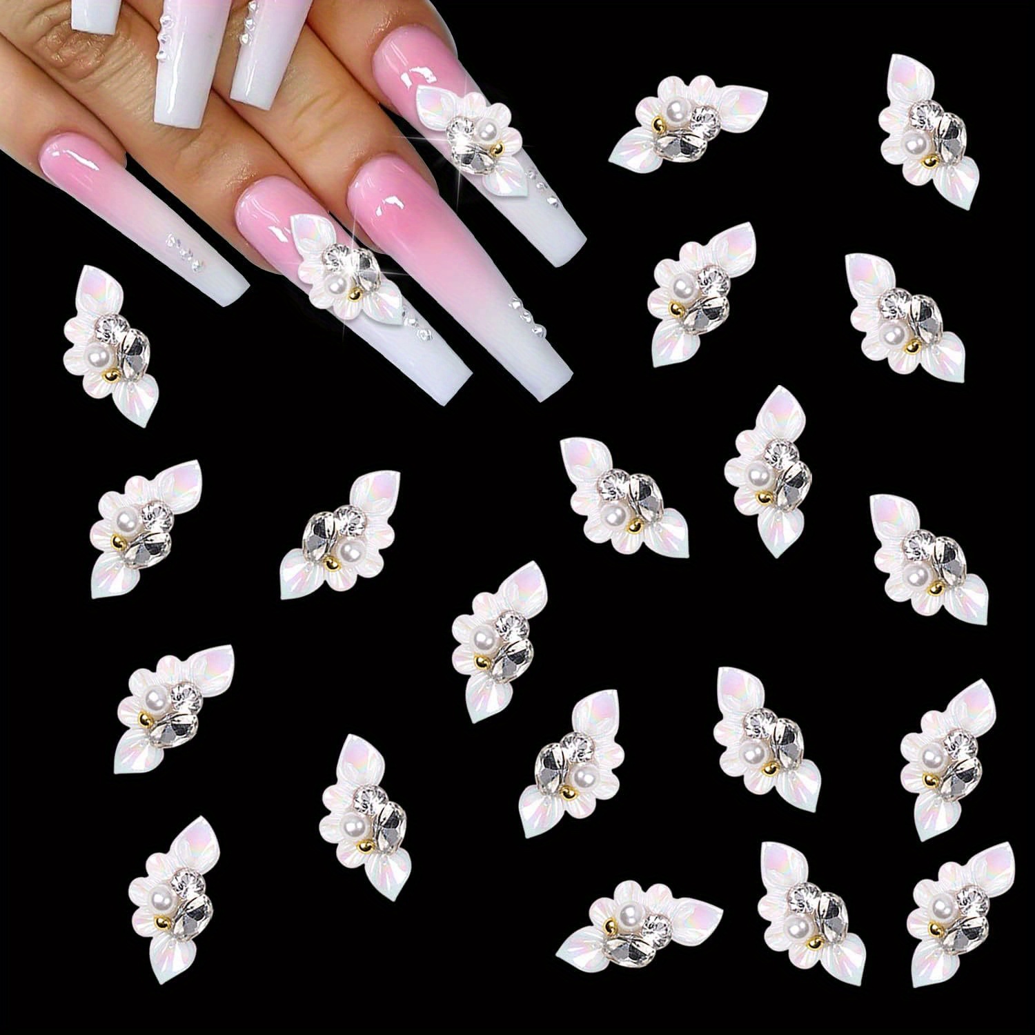 TEMU 50pcs Glittering 3d Flower Nail Charms With & Rhinestones - Nail Art Accessories For Women & Girls - Create Stylish Jewelry-like Designs