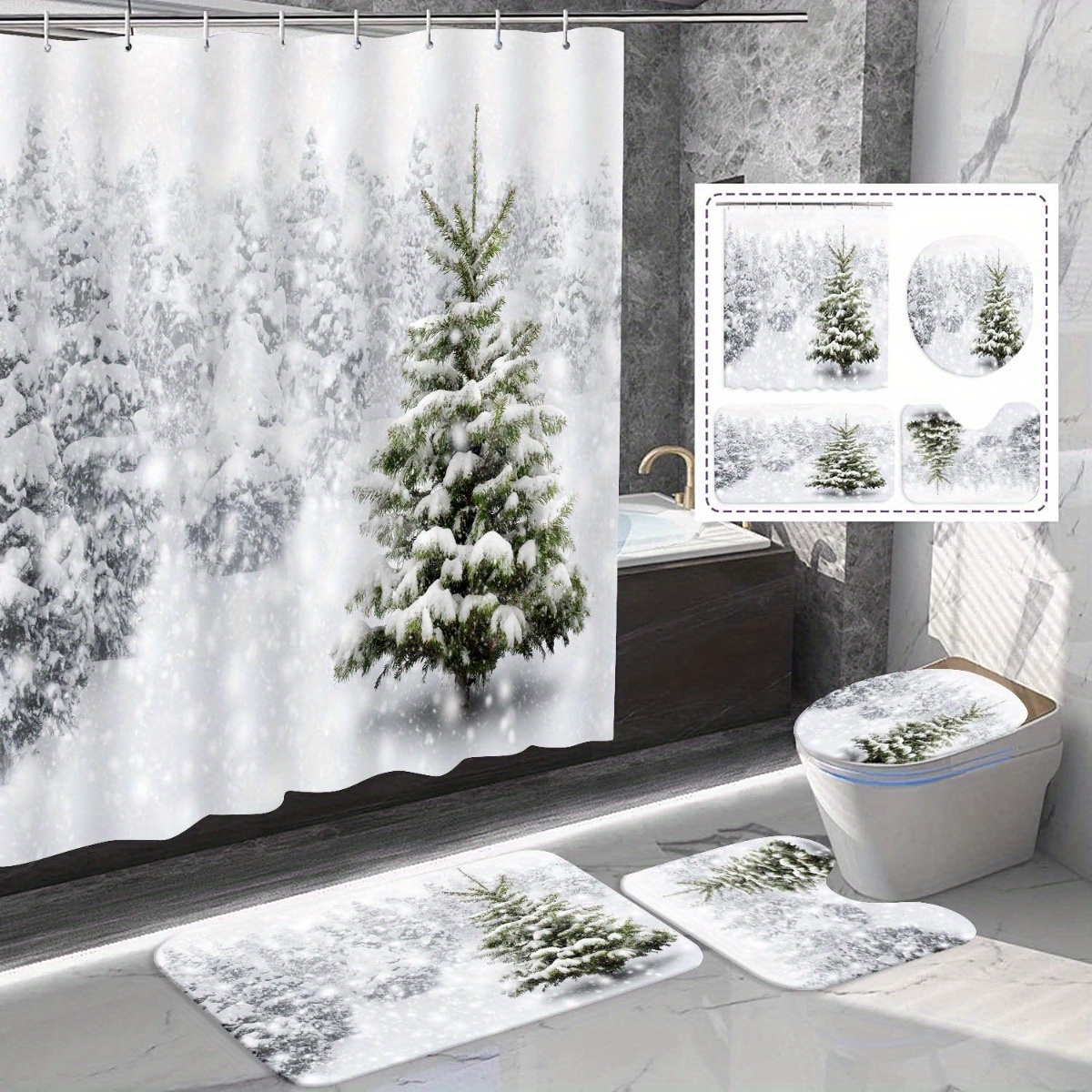 

Christmas Winter Snow Scene Shower Curtain Set With Non-slip Bath Mats, Toilet Lid Cover And U-shaped Contour Rug, Water-resistant Polyester Fabric Bathroom Decor With Hooks, 71x71 Inches