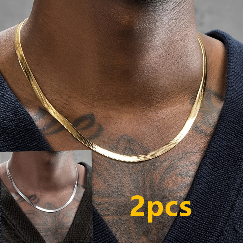 

2pc Titanium Steel Necklace 18k Gold Plated Flat Snake Bone Necklace Men's Versatile Collar Necklace High End Jewelry Accessories