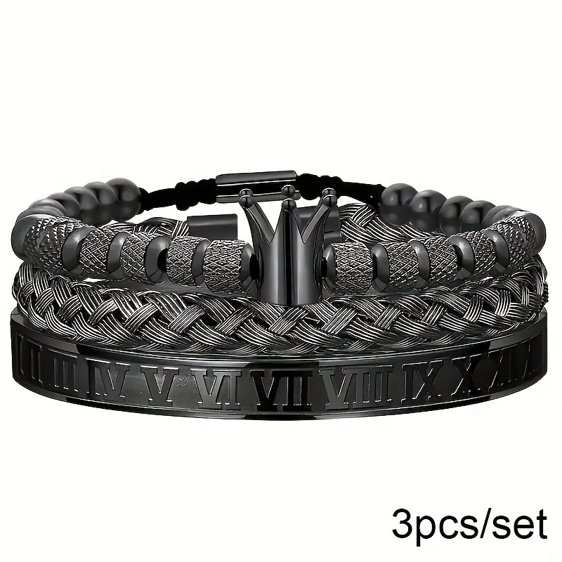 TEMU Men's 3pcs 201 Stainless Steel Roman Numeral Bracelet, Crown Braided Rope Bracelet Set, Suitable For Christmas, Valentine's Day, New Year's Day As A Gift For Boyfriend, Father And Other